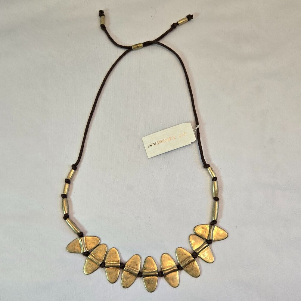 ST. THOMAS Adjustable Necklace featuring  Flat Brass Pieces on a Brown Cord
